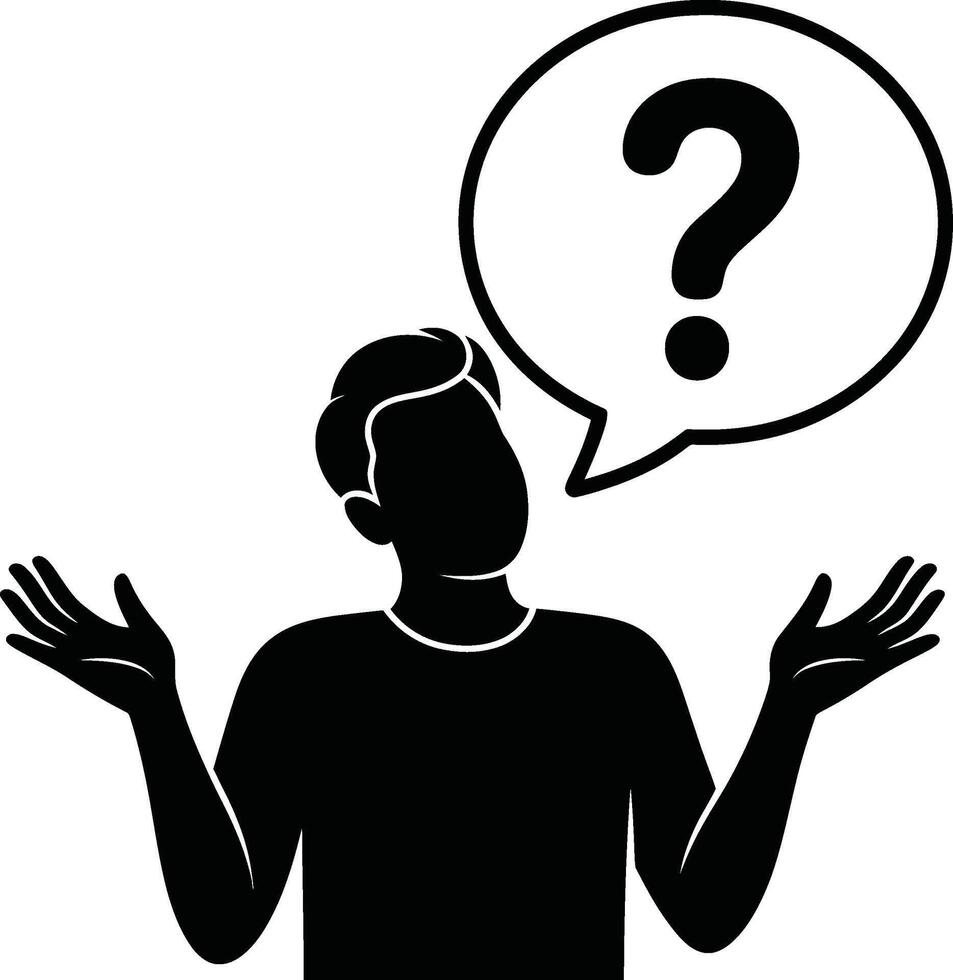 Confused Person Icon Black Silhouette of a Shrugging Figure with Question Mark Speech Bubble 1 vector