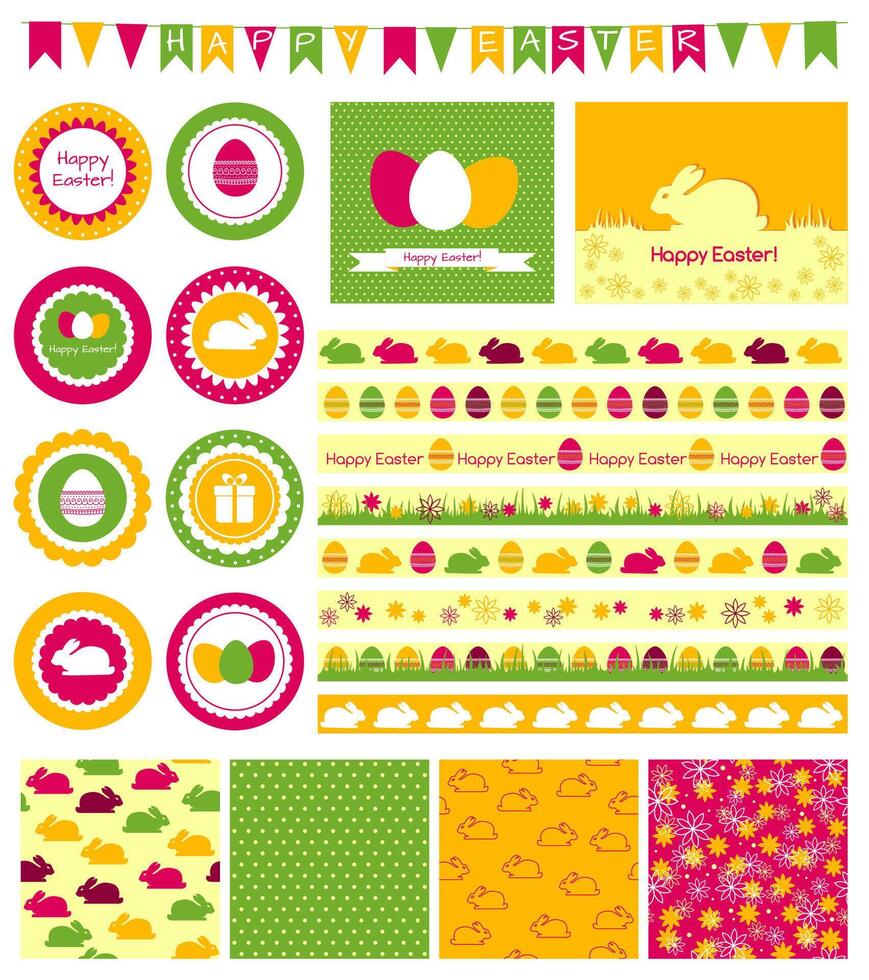 Set of design elements, patterns, borders, cards, tags for Easter vector