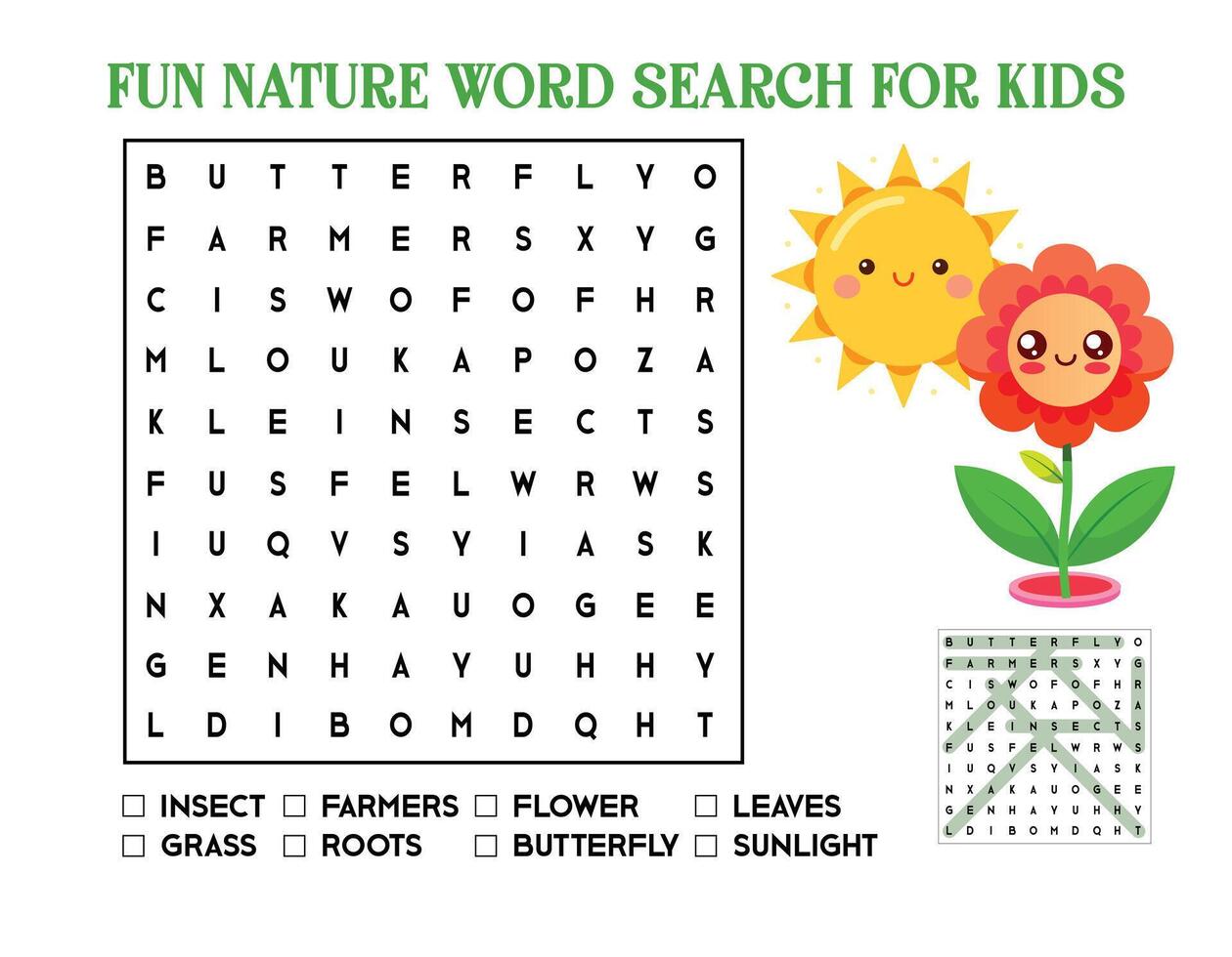 Fun Nature Word Search for Kids vector