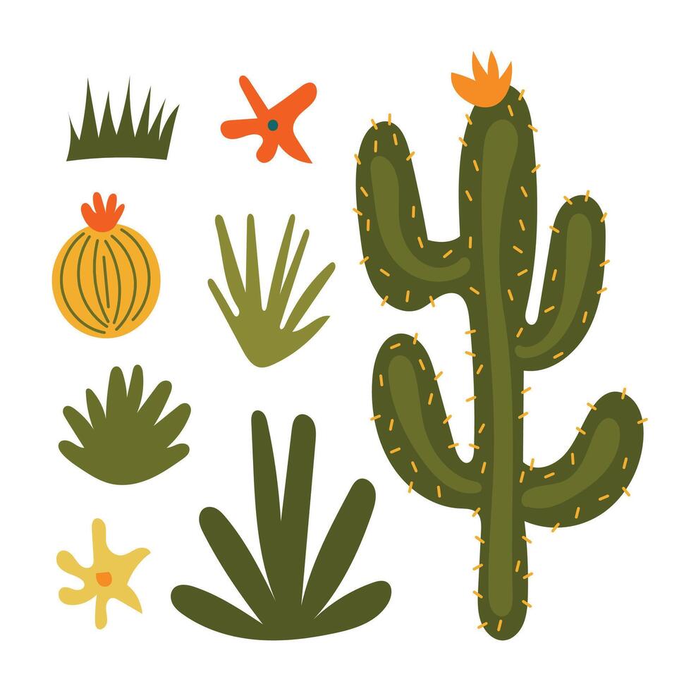 Cactus collection featuring spiky succulents and desert plants in earthy greens and yellows, great for prehistoric landscapes, wild garden art, and kids designs vector