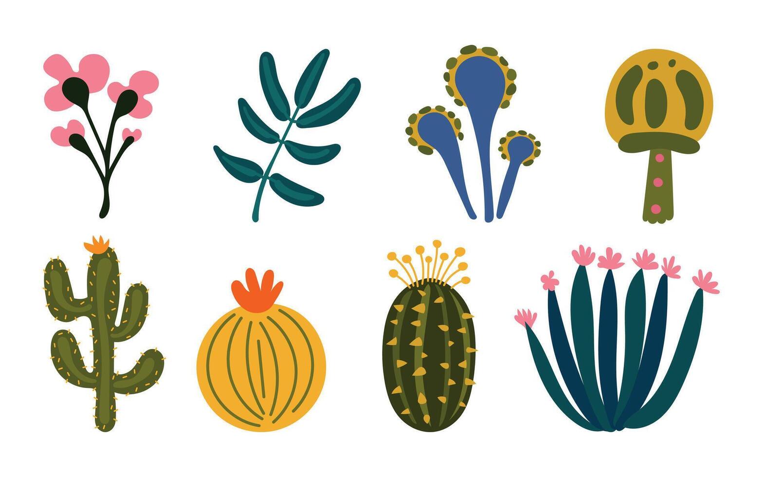 Whimsical set of exotic prehistoric plants, cacti, and fantasy flowers in bold colors, perfect for jungle scenes, dino worlds, and educational posters vector