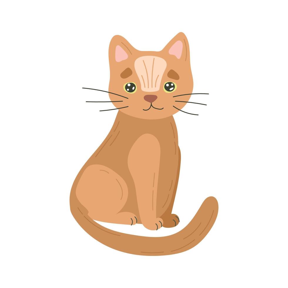 Stylized orange kitten with soft fur, curved tail, and green eyes in a peaceful pose, perfect for friendly pet illustrations and calm character art vector
