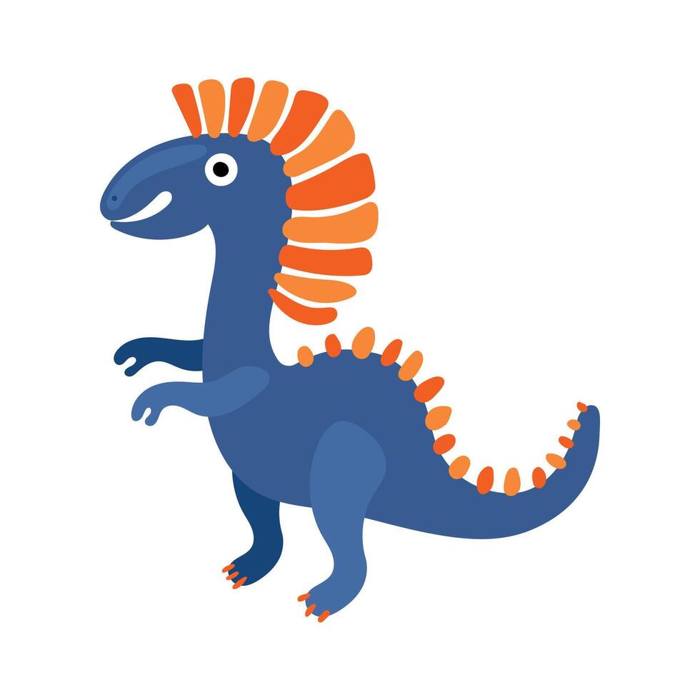 Energetic blue dinosaur with orange crest and tail details in a standing pose, suited for animation, bold posters, and children fossil-themed media vector