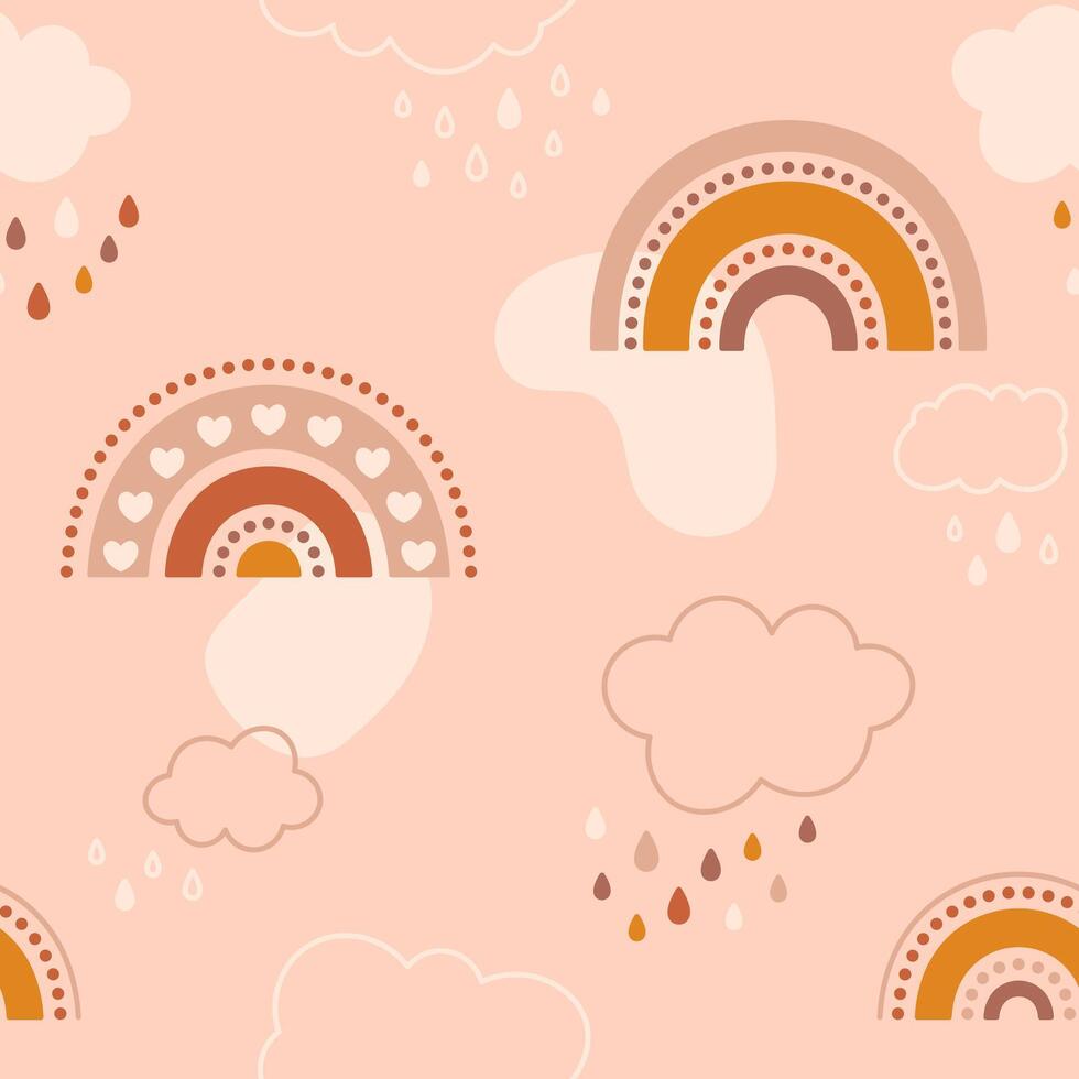 Kid kawaii seamless pattern with cute rainbows, simple forms with line clouds and water drops. vector