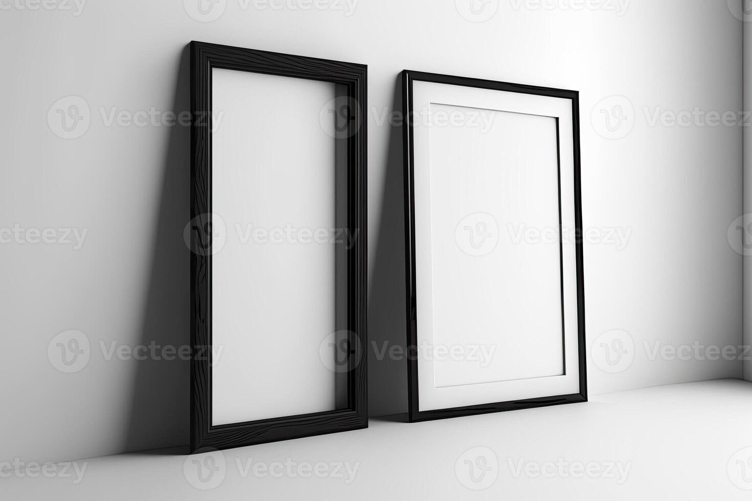 two empty frames hanging on a wall adjacent to a window photo