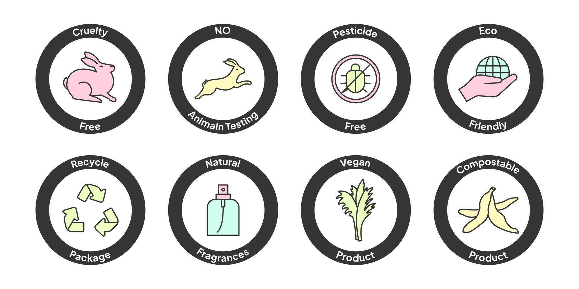 Cruelty Free, No Animal Testing, Pesticide Free and Eco Friendly Cosmetic Icons Promoting Ethical and Sustainable Practices vector