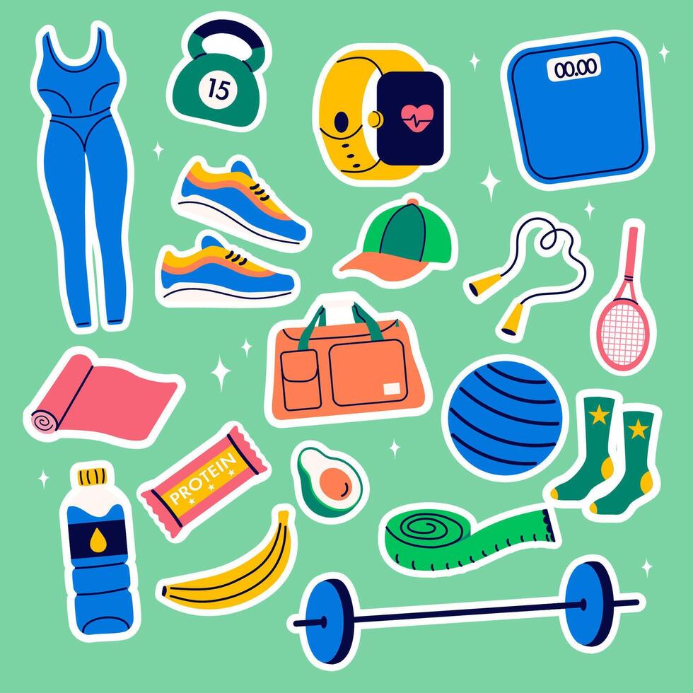 Collection stickers of fitness gym inventory elements, sport equipment. Healthy lifestyle concept. vector