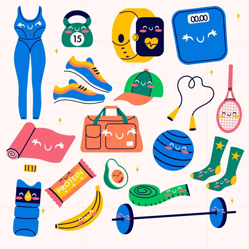 Collection kawaii of fitness gym inventory elements, sport equipment vector