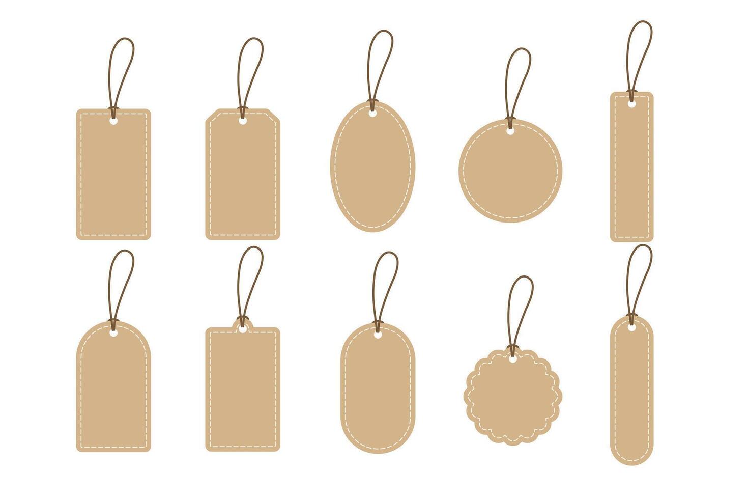 Set of blank stitch-edged kraft paper tag. Flat design illustration. vector