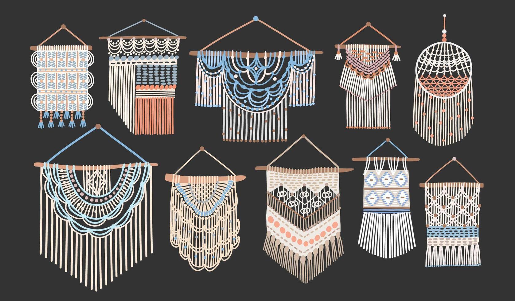 Bundle of macrame wall hangings isolated on black background. Set of handcrafted house decorations in Scandinavian style made of interwoven cord. Flat cartoon colored hand drawn illustration vector