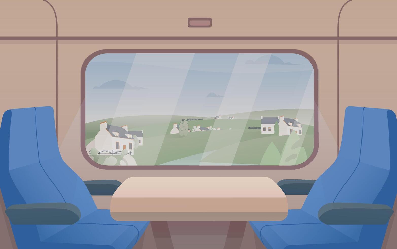 Gorgeous view from train window and pair of seats. Interior of comfortable passenger car. Railway journey or trip through beautiful places. Colorful illustration in flat cartoon style vector