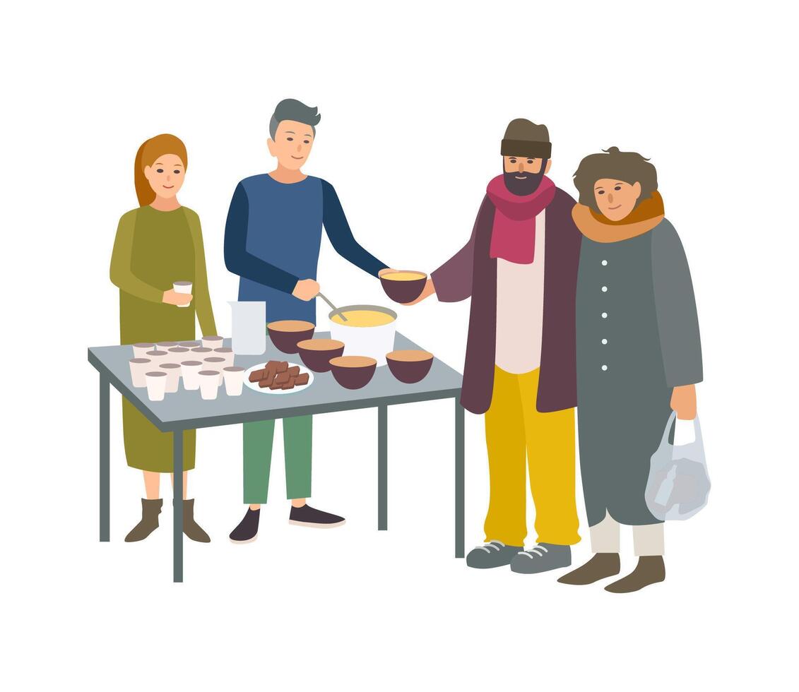 Young male and female volunteers feeding poor homeless people isolated on white background. Man and woman giving food to beggars on street. Voluntary altruistic activity. Cartoon illustration vector