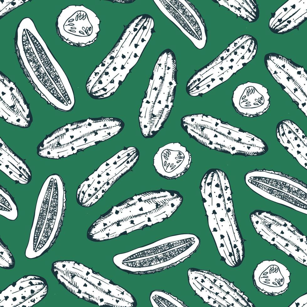 Seamless pattern with whole and cut tasty cucumbers drawn with contour lines on green background. Backdrop with delicious vegetables. Monochrome realistic illustration for fabric print vector