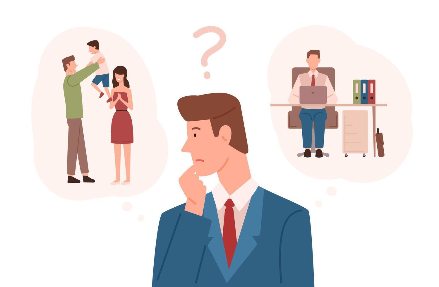 Man dressed in business suit choosing between family responsibilities and career. Difficult choice, life dilemma, working parent decision making. Colorful illustration in flat cartoon style vector