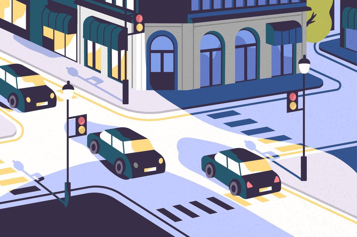 City view with cars driving along road, modern buildings, crossroad with traffic lights and zebra crossings or crosswalks. Urban scenery. Colorful illustration in contemporary flat style vector