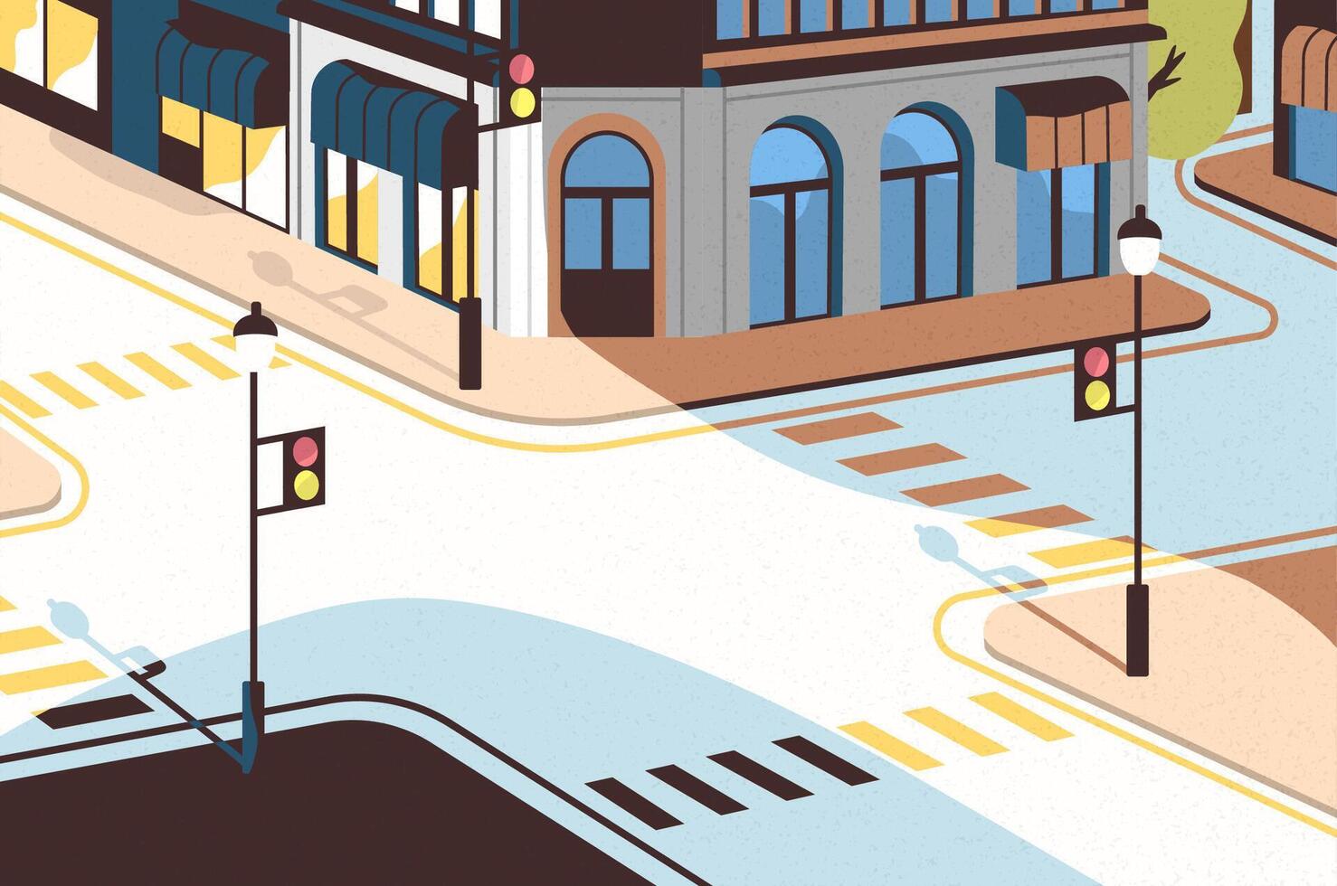 Cityscape with street intersection, elegant buildings, crossroad with traffic signals and zebra crossings or crosswalks. Downtown of modern city. Colorful illustration in cartoon flat style vector