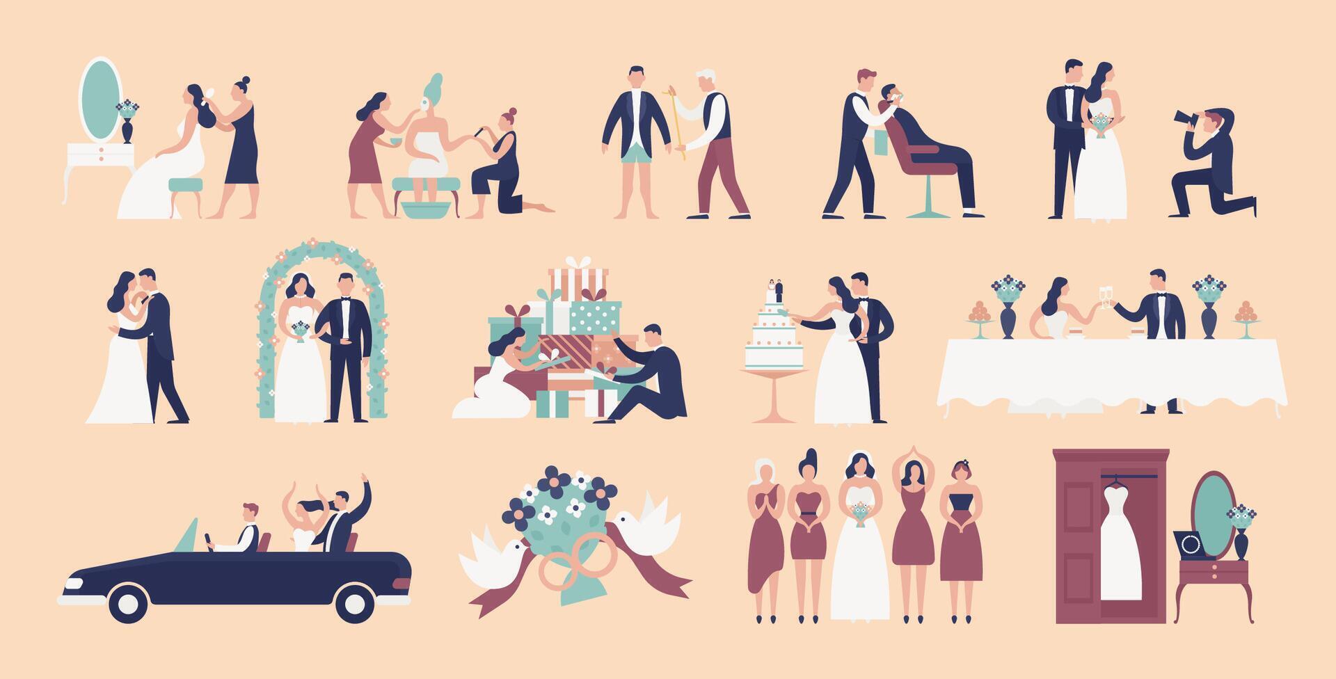 Collection of bride and groom preparing for wedding ceremony. Set of preparations for marriage celebration day isolated on light background. Colorful illustration in flat cartoon style. vector