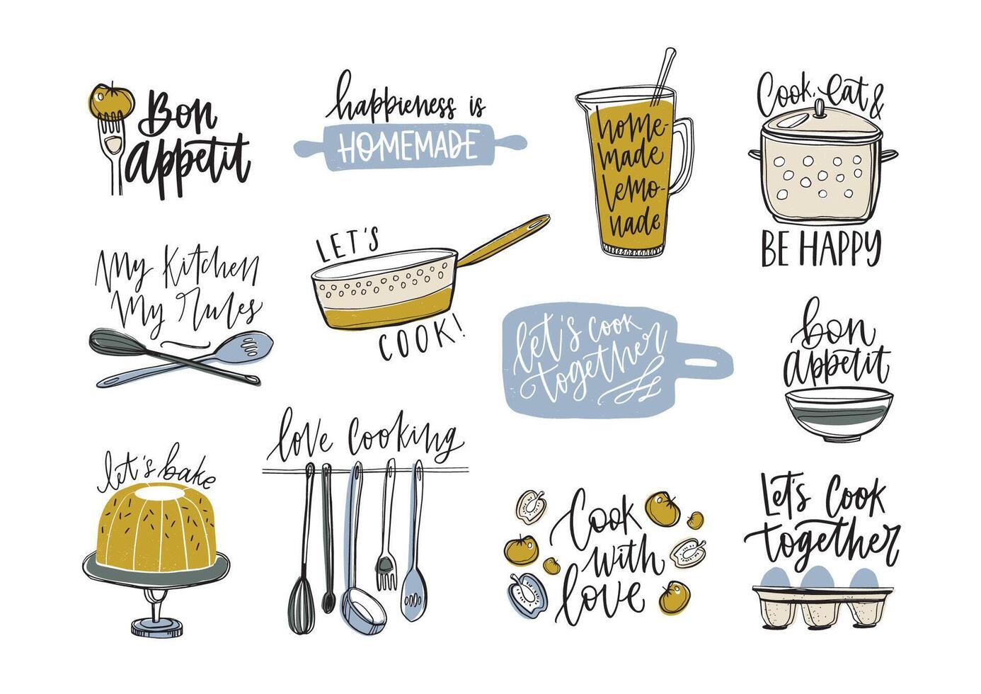 Bundle of slogans written with cursive font and decorated with cookware and food products. Set of inscriptions and kitchen utensils for cooking or homemade meals preparation. illustration vector