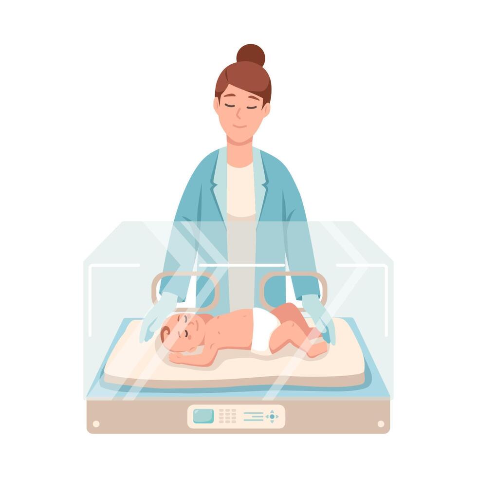 Premature newborn infant lies inside neonatal intensive care unit, female doctor or pediatric nurse stands beside it and checks. Baby nursery. Colorful illustration in flat cartoon style vector