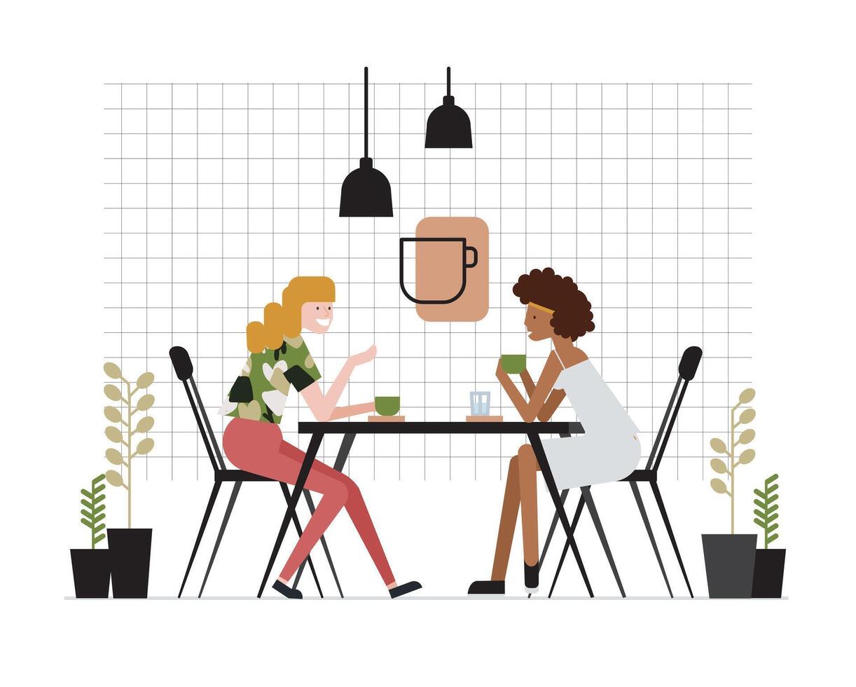 Pair of young women of girlfriends sitting at table, drinking tea and talking. Friendly meeting and conversation at cafe. Funny cartoon characters. Colored illustration in flat style vector