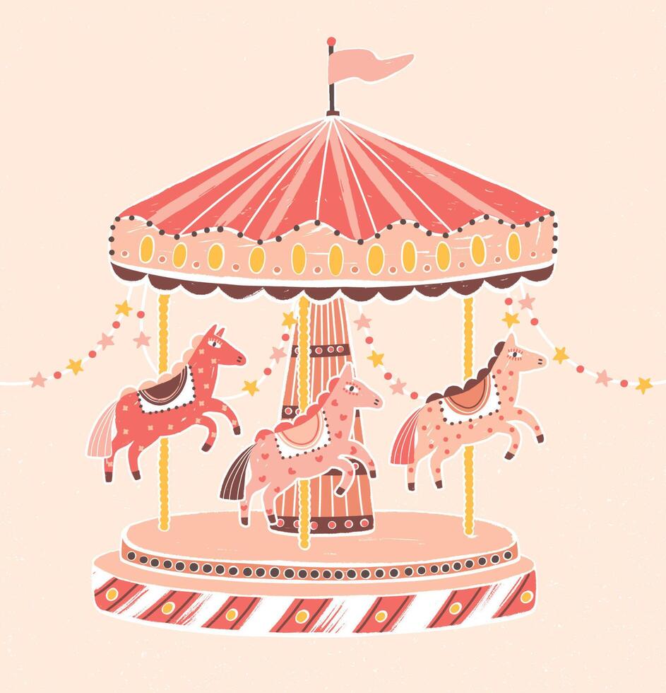 Old-fashioned style carousel, roundabout or merry-go-round with horses. Amusement ride for children's entertainment decorated with garlands. Colorful illustration in flat cartoon style vector