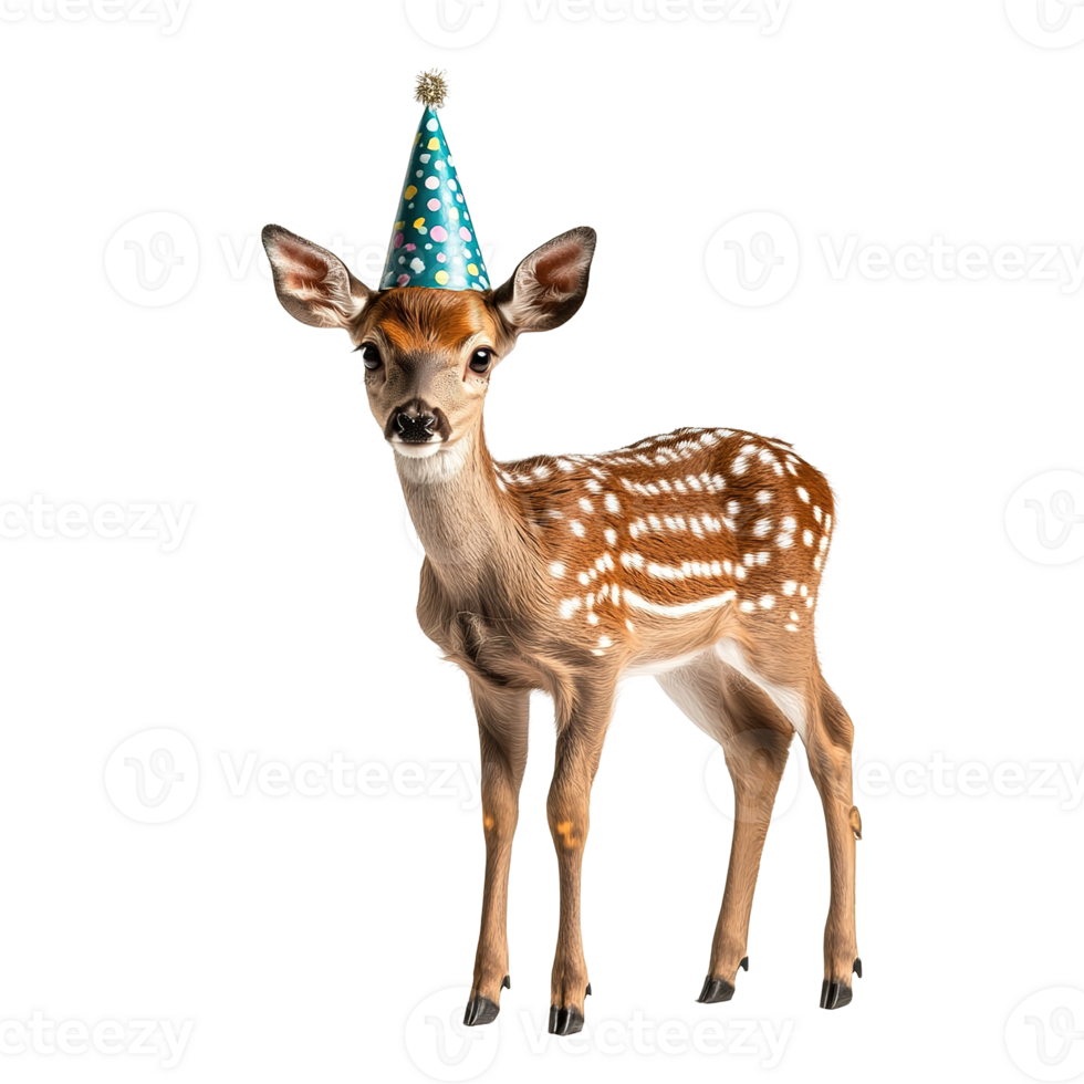 A young fawn wearing a festive birthday party hat png