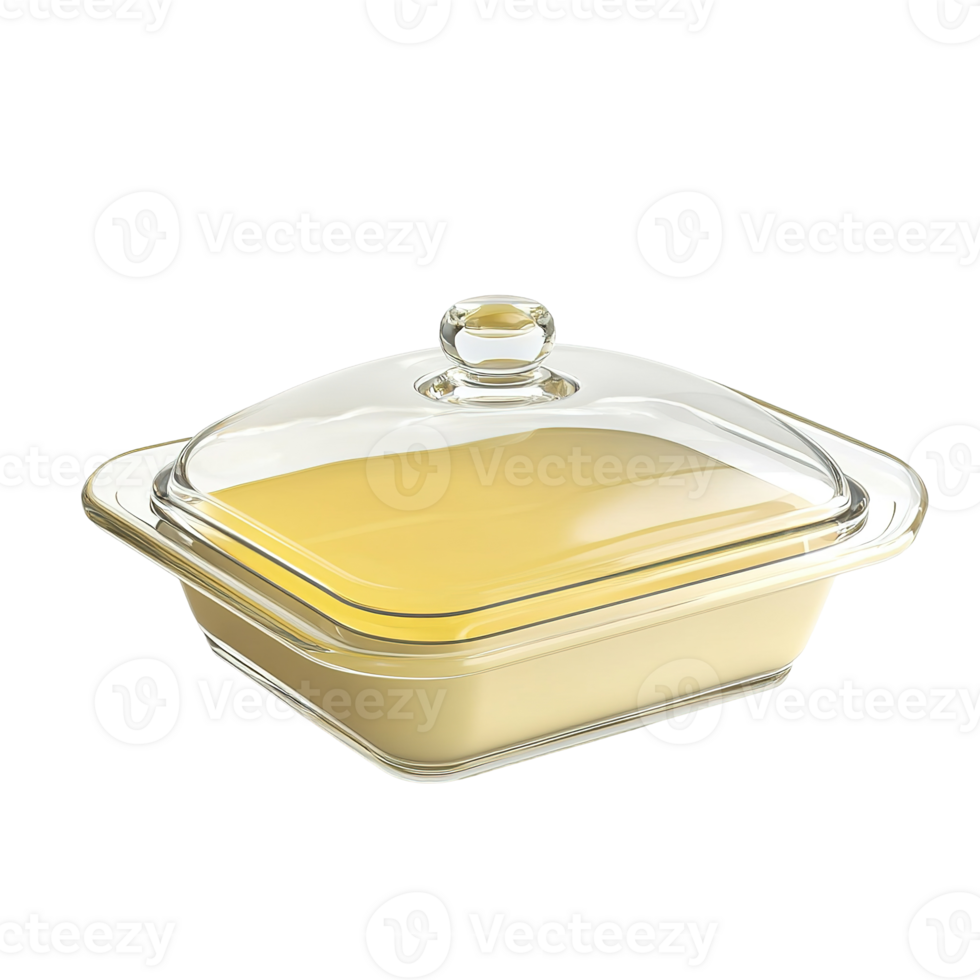 A square glass baking dish with a transparent lid on it png