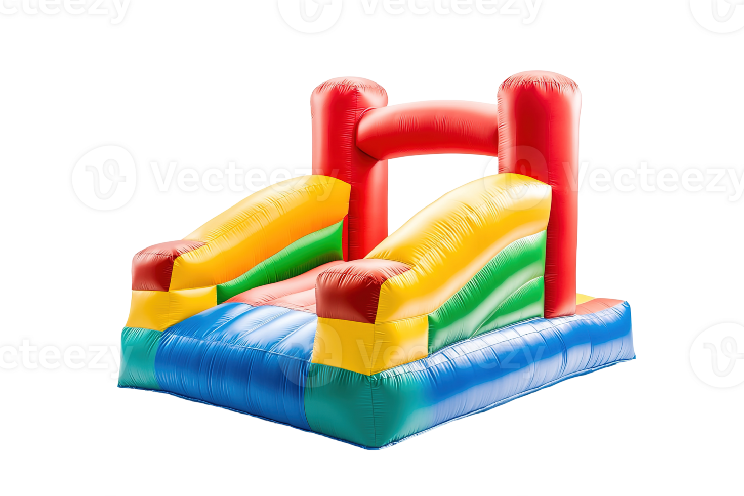 A colorful inflatable bounce house featuring slides and a tower png