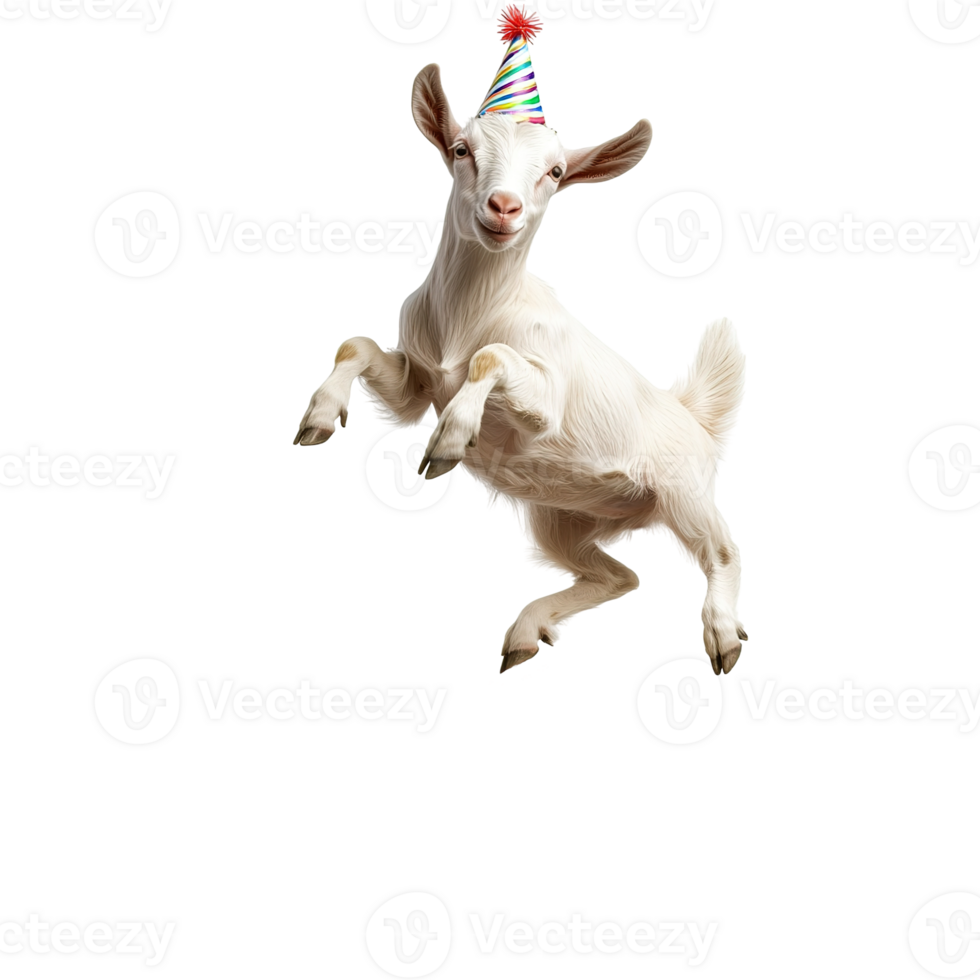 A happy white goat wearing a party hat is leaping upward png