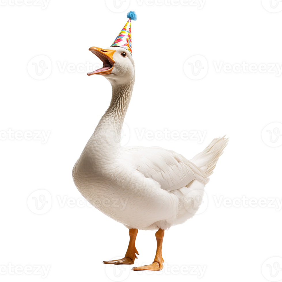 A white goose wearing a party hat is celebrating something joyful png