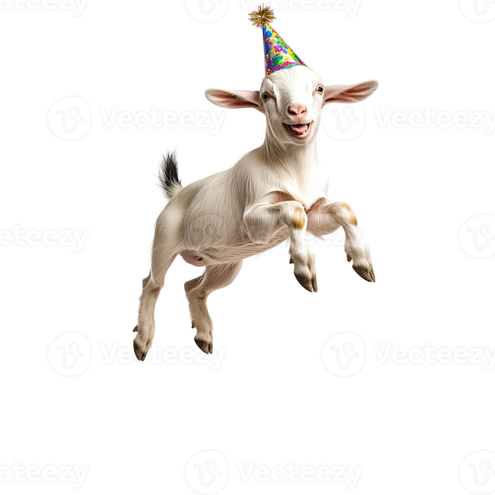 A white goat wearing a party hat is leaping in excitement png