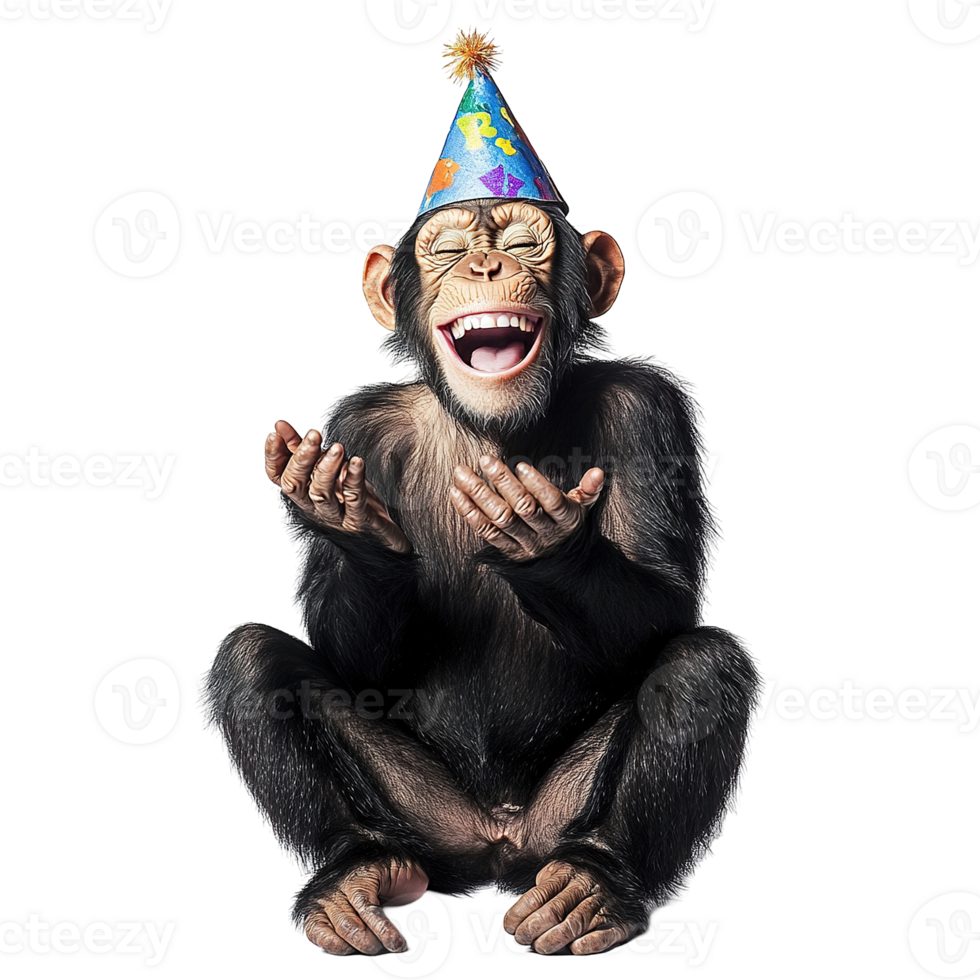 A chimpanzee wearing a party hat seems happy while clapping png