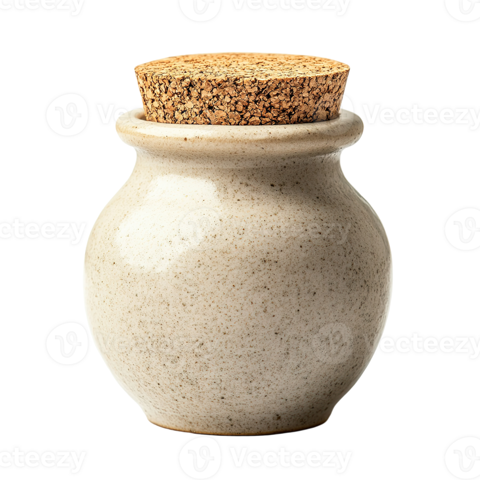 A small speckled ceramic jar is sealed by a cork stopper png