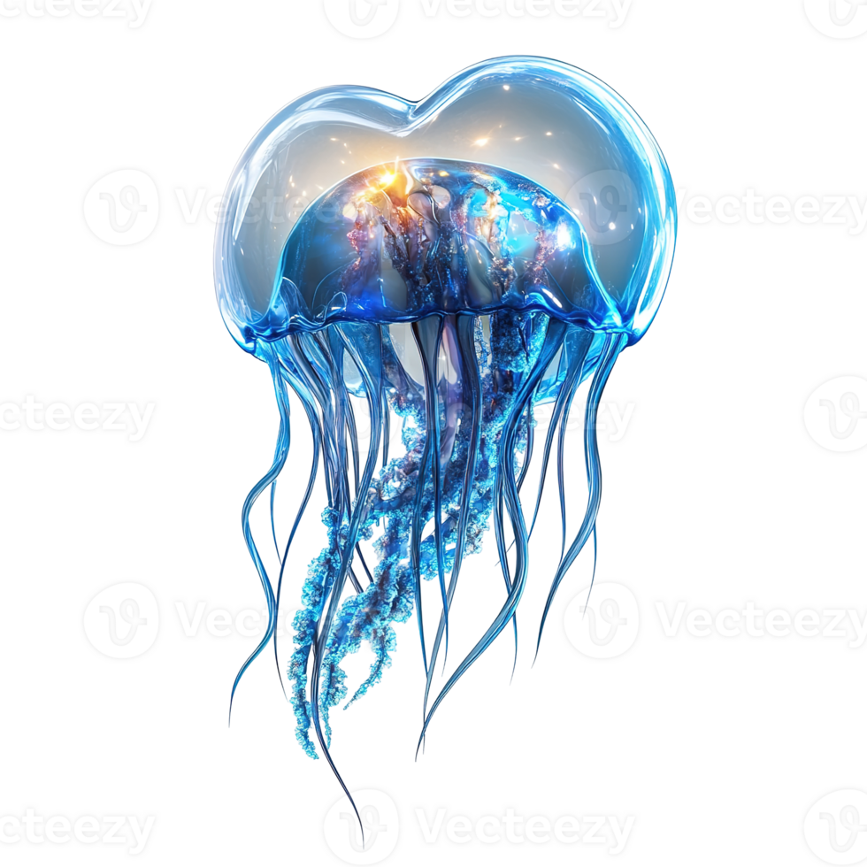 A translucent blue jellyfish with radiant internal illumination floats freely png