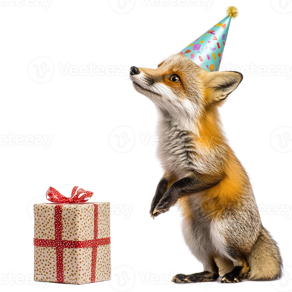 A red fox wearing a party hat with a present png