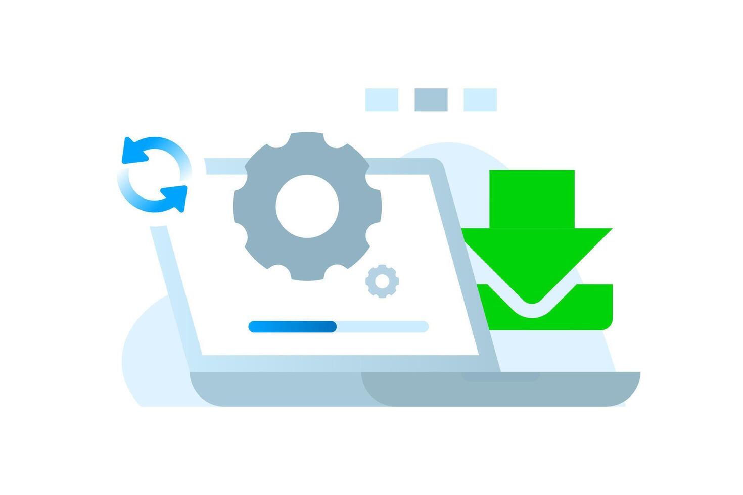 Laptop screen with gear, loading bar, and download icon representing software installation, system update, or file download process. Suitable for technology, software, and IT related concepts vector