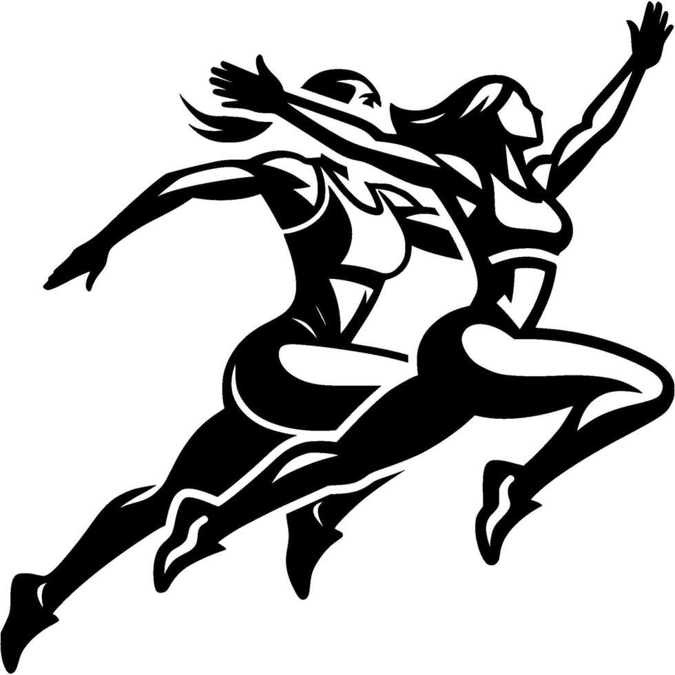 Sport emblem of girls runners compete on finish line of distance in monochrome. Engraving minimalistic image in black ink drawing on white background vector