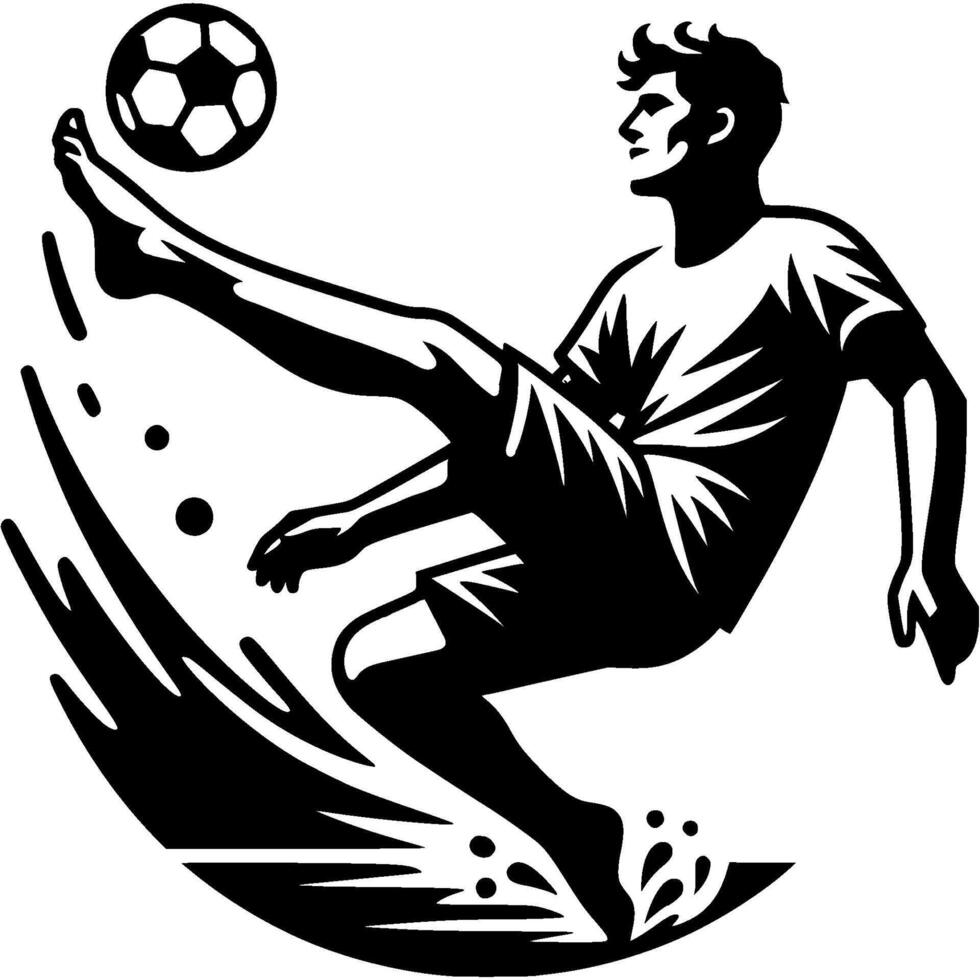 Tattoo emblem of beach soccer player kicks a ball at sandy stadium match in monochrome. Engraving minimalistic image in black ink drawing on white background vector