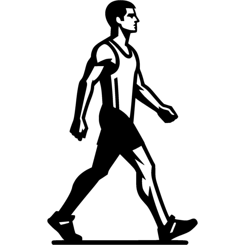 Sport emblem of man in sportswear walks with a quick warm up step in monochrome. Engraving minimalistic image in black ink drawing on white background vector