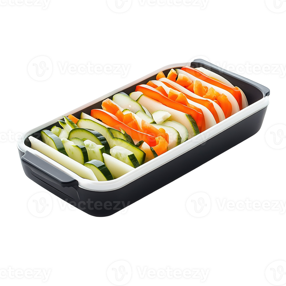 Fresh vegetables sliced and arranged in a rectangular food container png