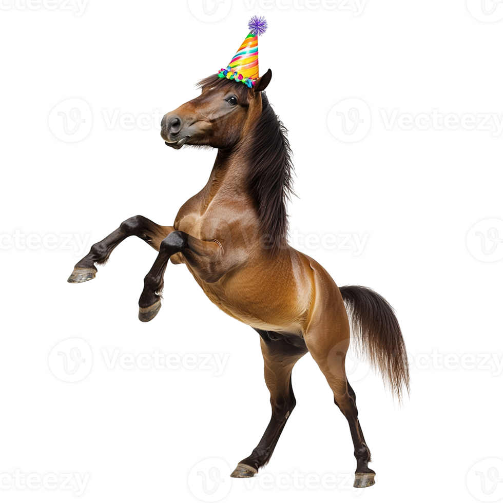 A brown horse stands up with a festive party hat on its head png