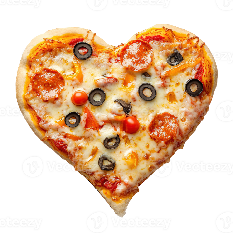 A heart shaped pizza with toppings and cheese looks delicious png