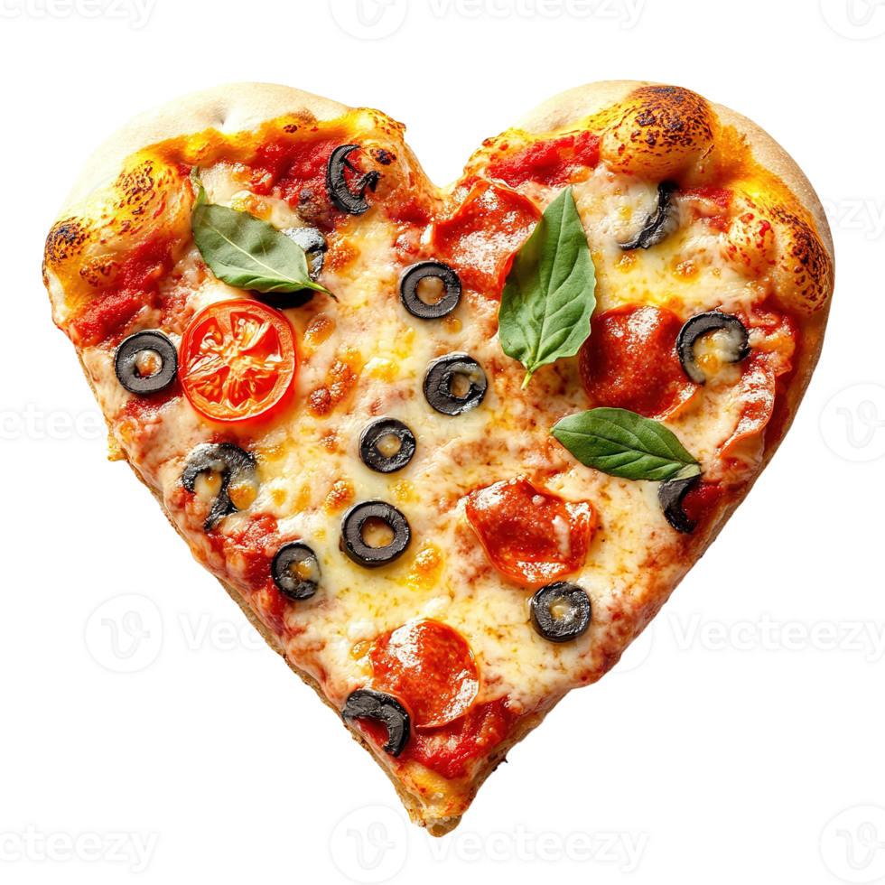 A delicious heart shaped pizza with toppings and herbs png