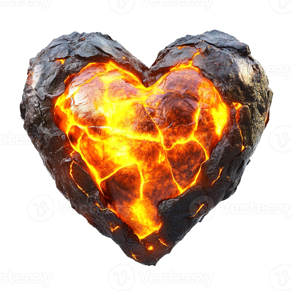 A geological heart shape with molten core and rough exterior png