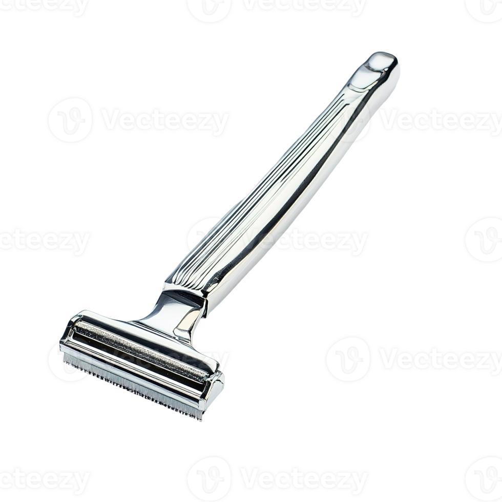 A close up photograph of a shiny metal safety razor png