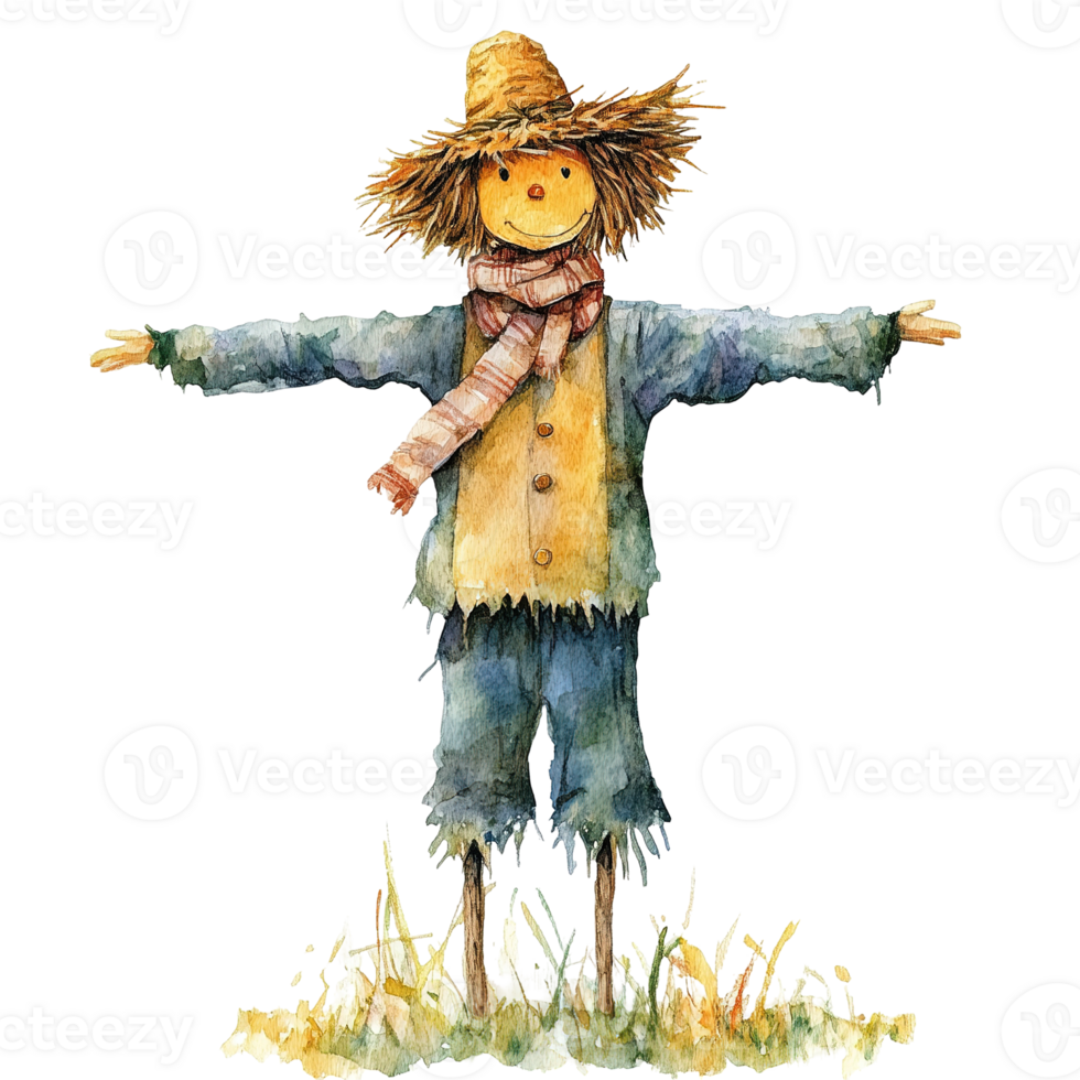 A friendly watercolor illustration of a fall season scarecrow png