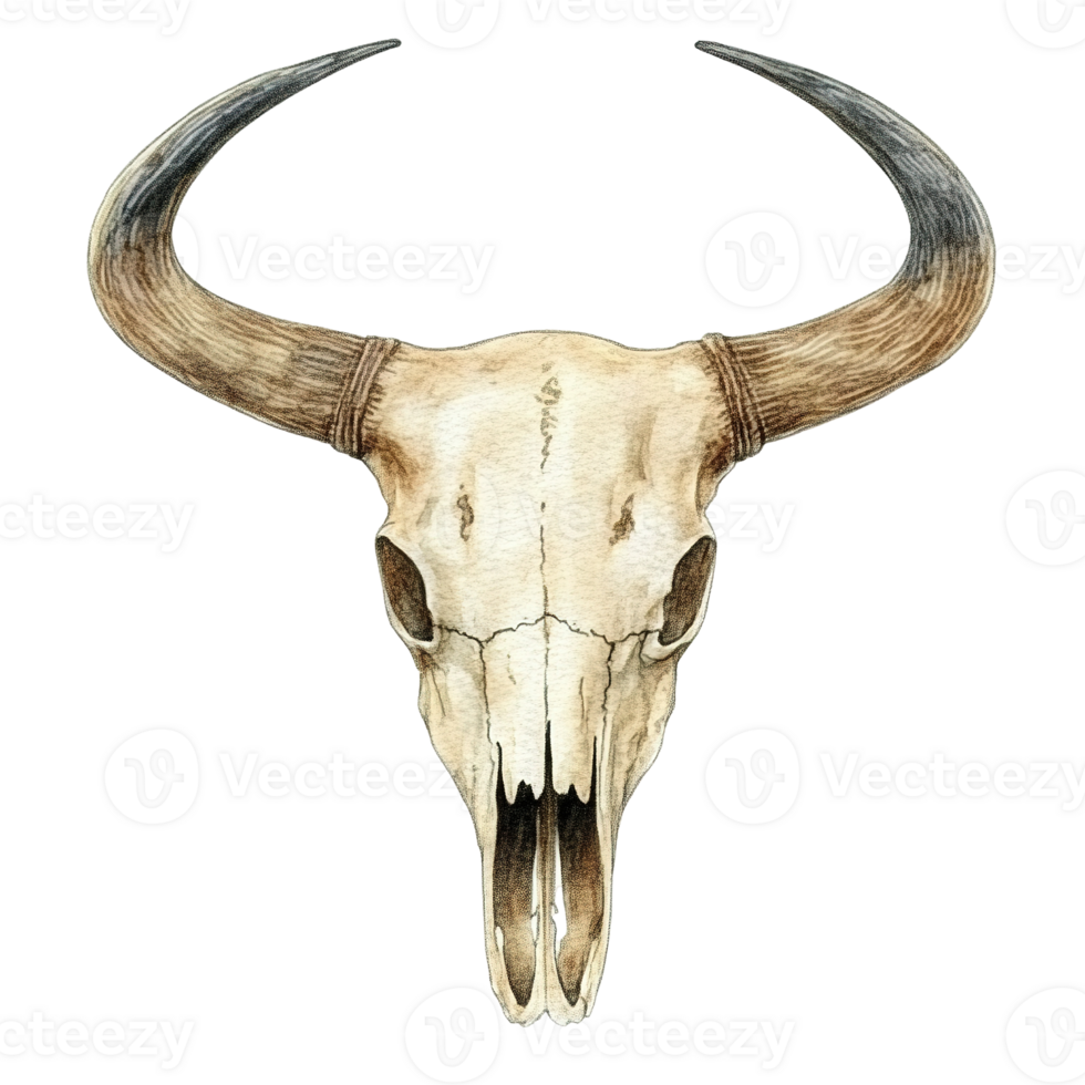 A watercolor painting of a weathered animal skull with horns png
