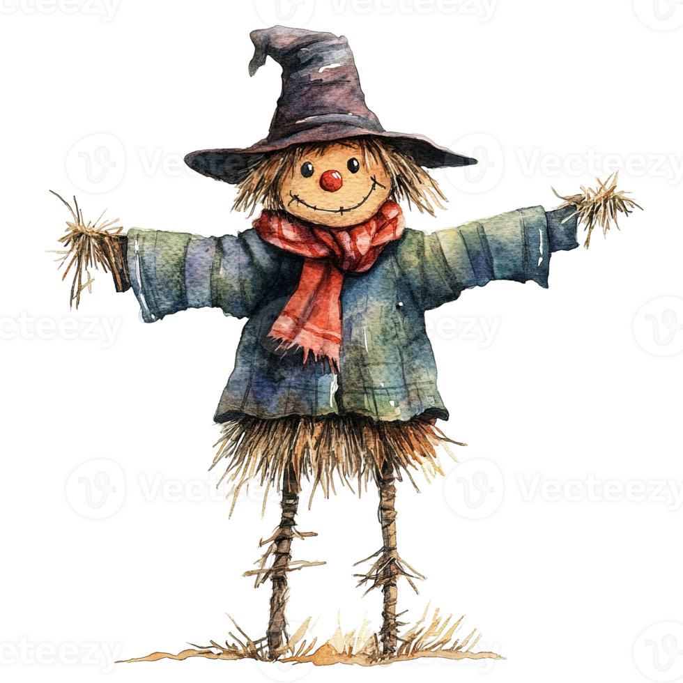 Smiling scarecrow wearing a hat and scarf stands in the field png
