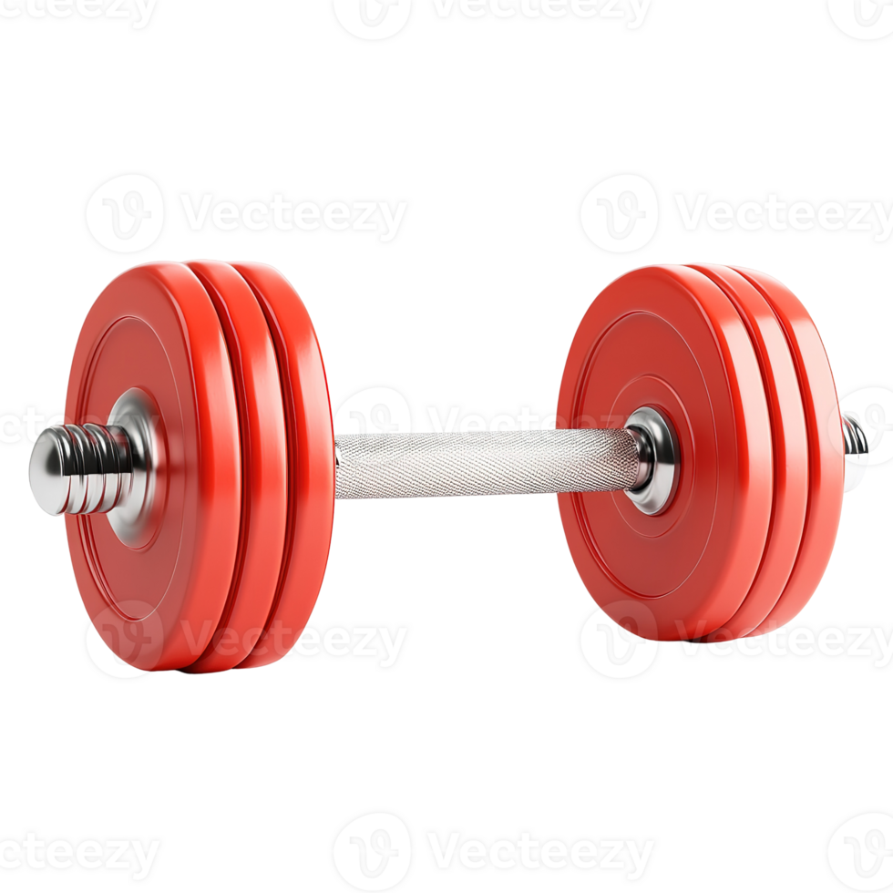 A red dumbbell with silver bar and weight plates isolated png