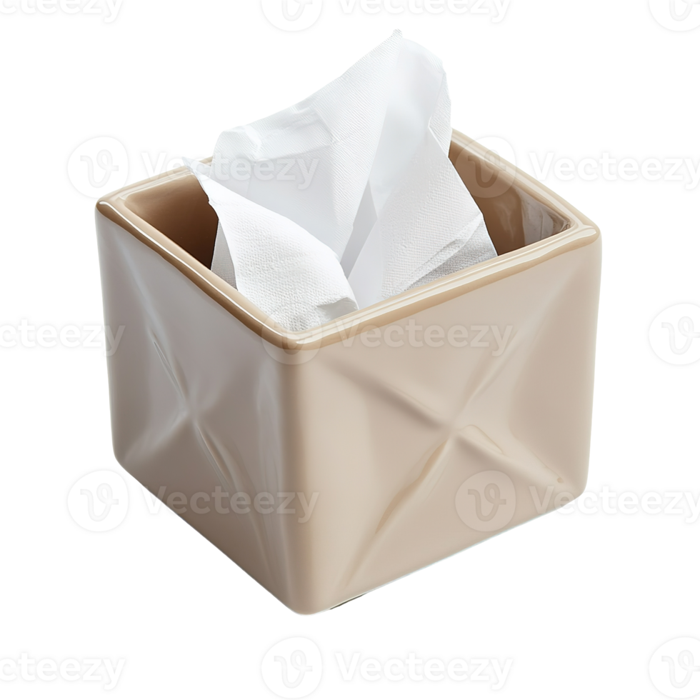 A beige ceramic square tissue box with protruding white tissues png